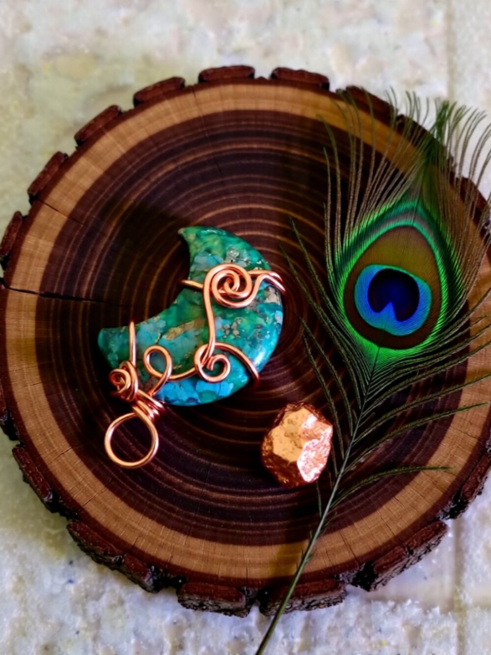 Uniquely Wire Wrapped! Horned Stone Moon Pendant! Gray Teal Green - Moon Goddess